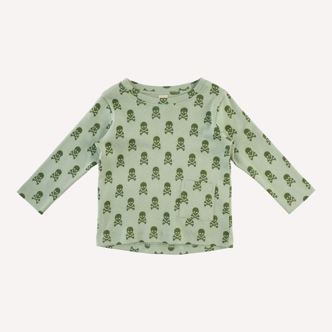 long sleeve pocket boxy tee | green skulls | organic cotton interlock