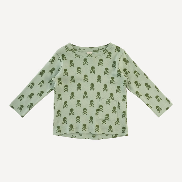 long sleeve pocket boxy tee | green skulls | organic cotton interlock