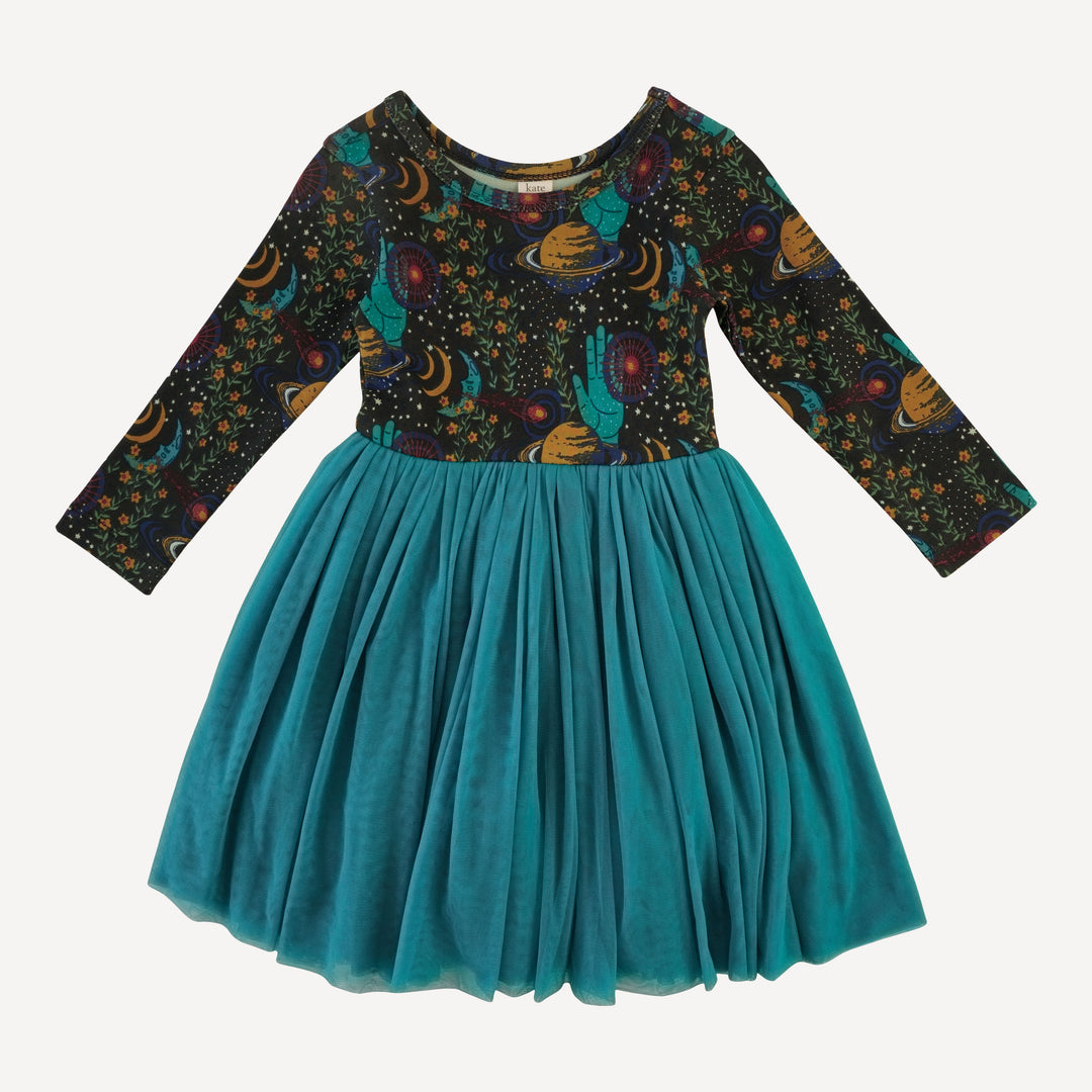 long sleeve ballerina tulle dress | mystical planets | organic cotton interlock