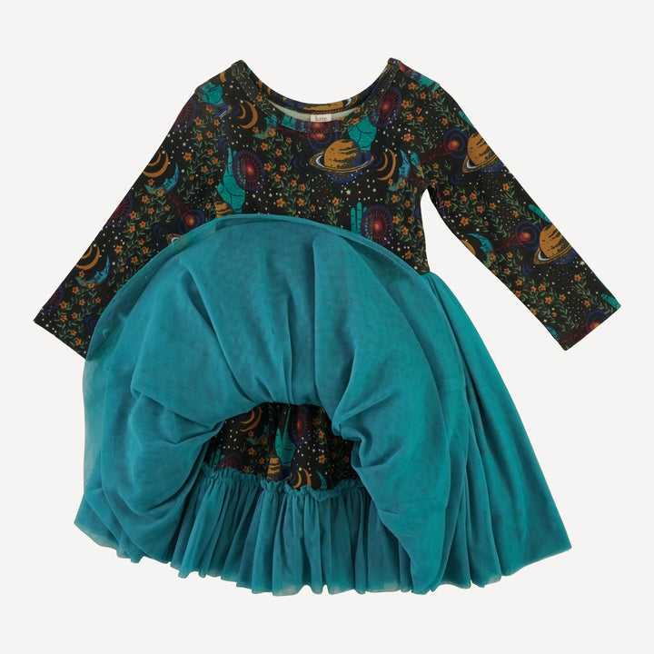 long sleeve ballerina tulle dress | mystical planets | organic cotton interlock