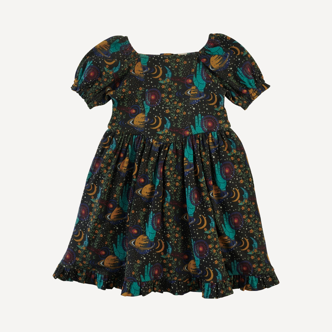 puff sleeve v-waist princess dress | mystical planets | organic cotton interlock