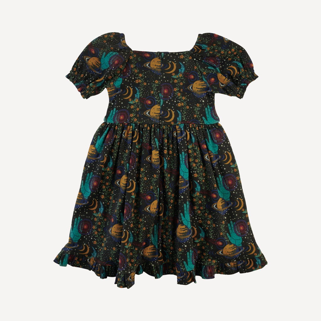 puff sleeve v-waist princess dress | mystical planets | organic cotton interlock