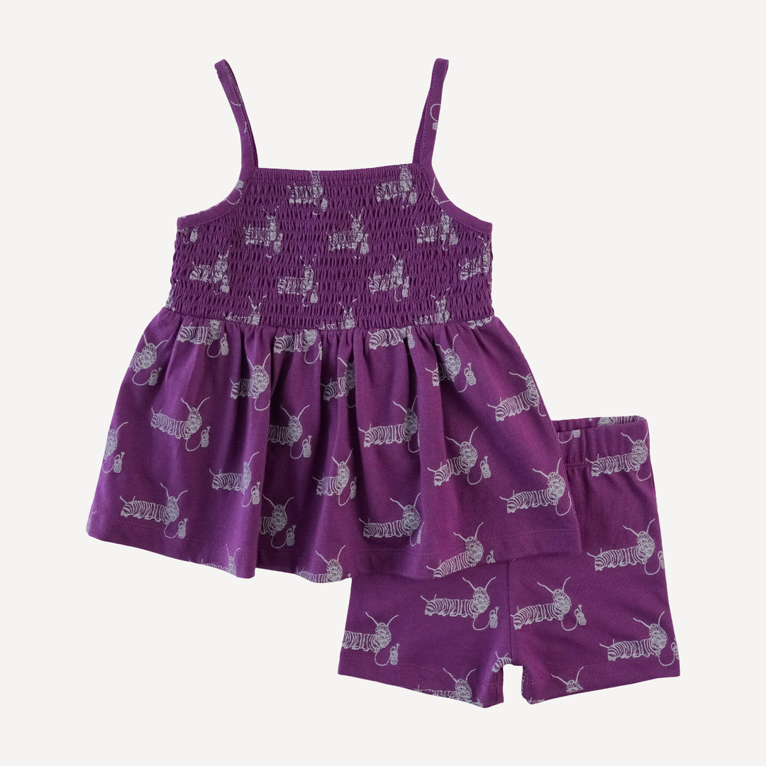 spaghetti strap smocked top + bike short set | plum caterpillar | organic cotton jersey