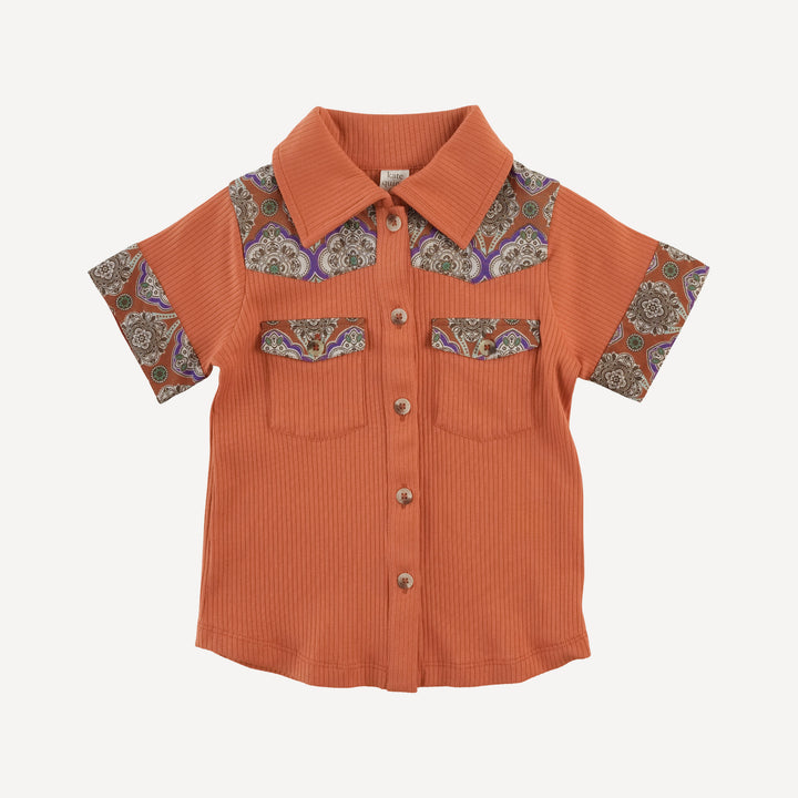 short sleeve button down cowboy shirt | rust | organic cotton single rib