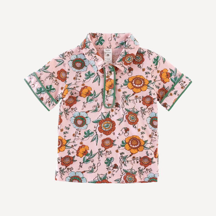 short sleeve piped polo tee | chinoiserie floral | organic cotton jersey