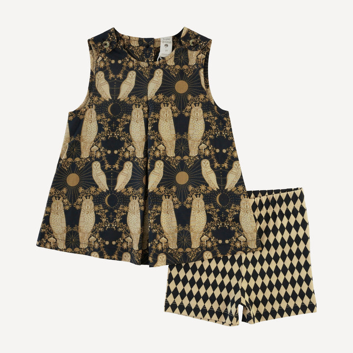 sleeveless button tab top + bike short set | mystical owl | organic cotton woven