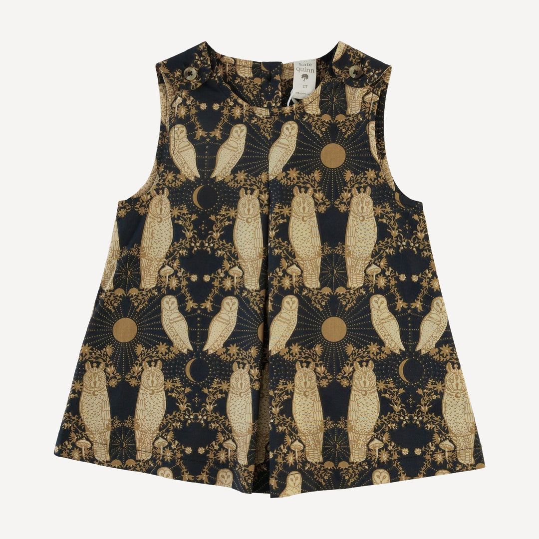 sleeveless button tab top + bike short set | mystical owl | organic cotton woven