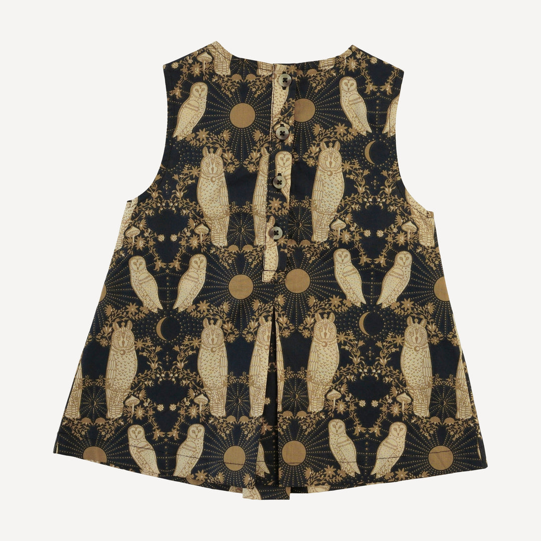 sleeveless button tab top + bike short set | mystical owl | organic cotton woven
