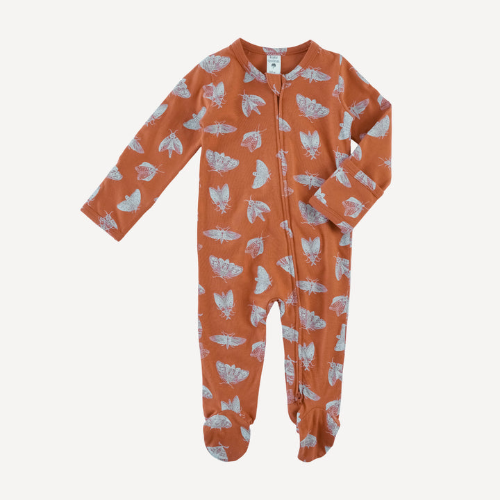 long sleeve two way zipper footie | spicy moth scatter | organic cotton jersey