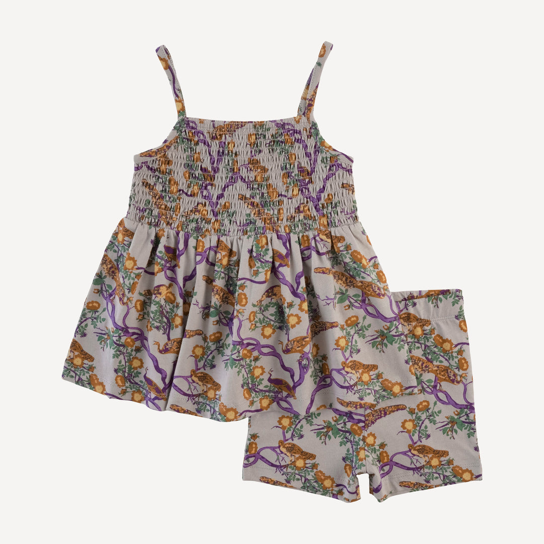 spaghetti strap smocked top + bike short set | chinoiserie peacock | organic cotton jersey