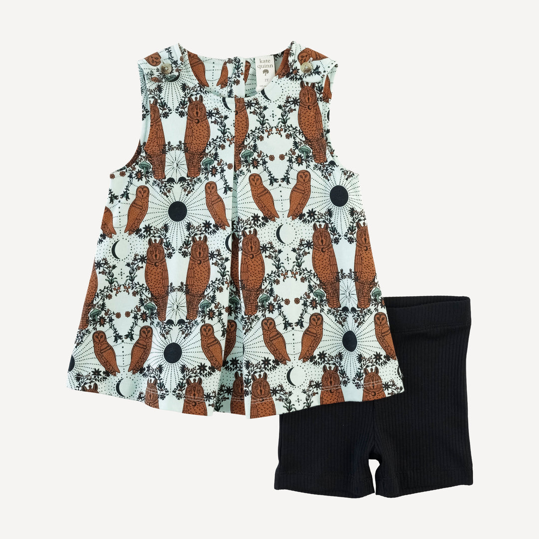 sleeveless button tab top + bike short set | rust mystical owl | organic cotton jersey