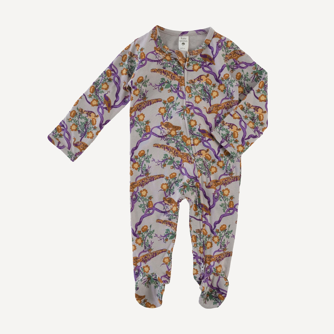 long sleeve two way zipper footie | chinoiserie peacock | organic cotton jersey