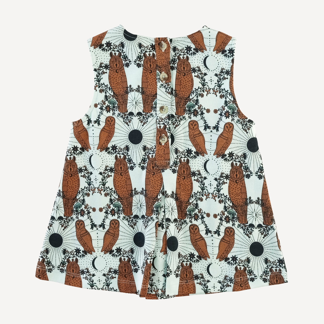 sleeveless button tab top + bike short set | rust mystical owl | organic cotton jersey
