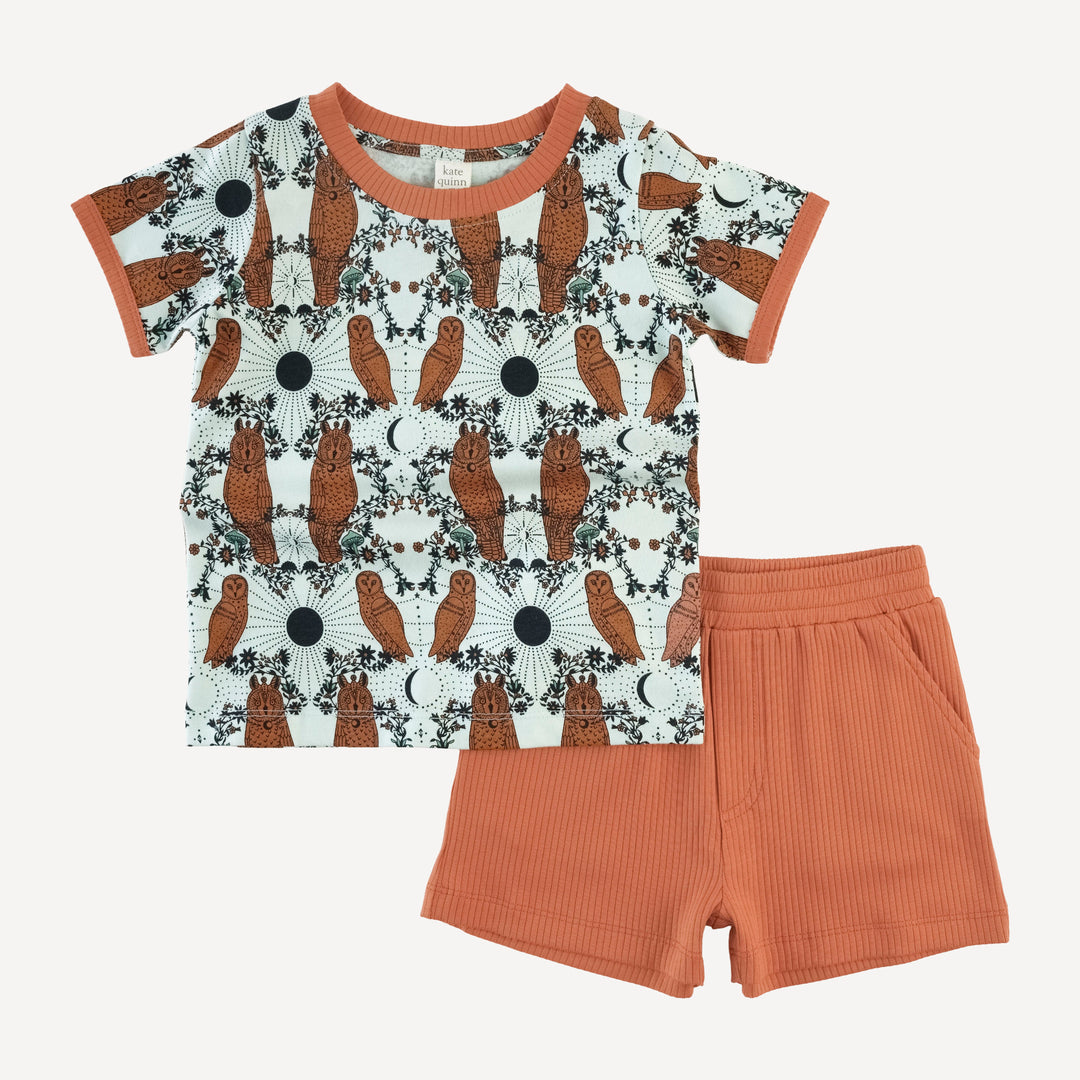 short sleeve ringer tee + relaxed short set | rust mystical owl | organic cotton jersey