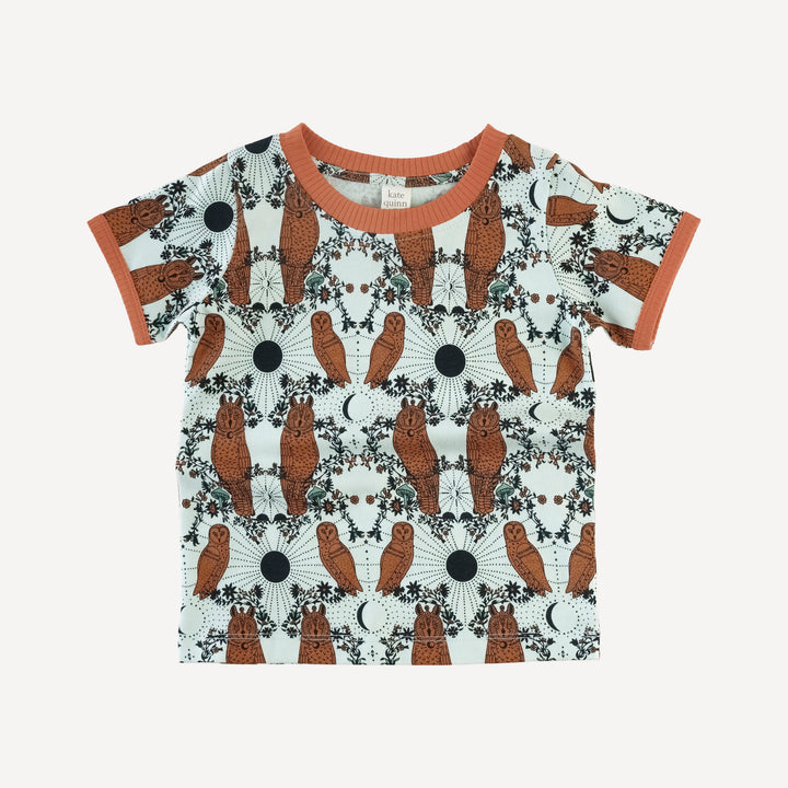 short sleeve ringer tee + relaxed short set | rust mystical owl | organic cotton jersey