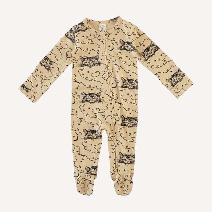 long sleeve two way zipper footie | black cheshire cat | organic cotton jersey
