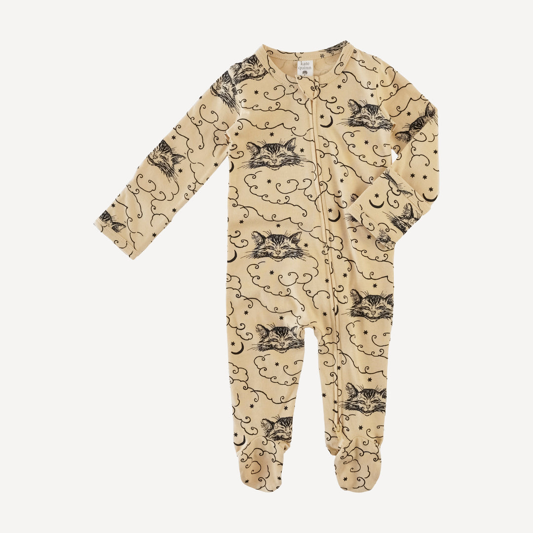 long sleeve two way zipper footie | black cheshire cat | organic cotton jersey