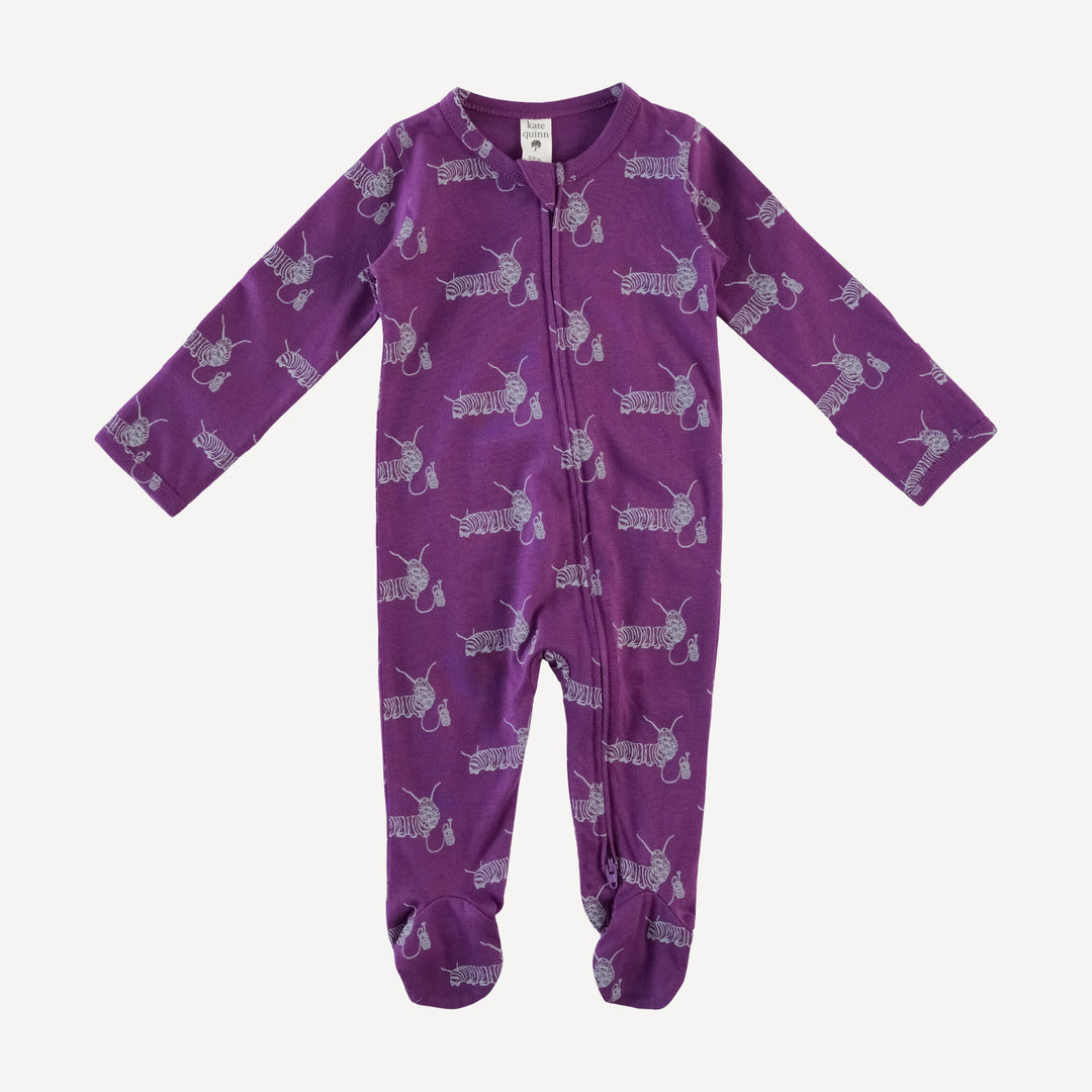 long sleeve two way zipper footie | plum caterpillar | organic cotton jersey