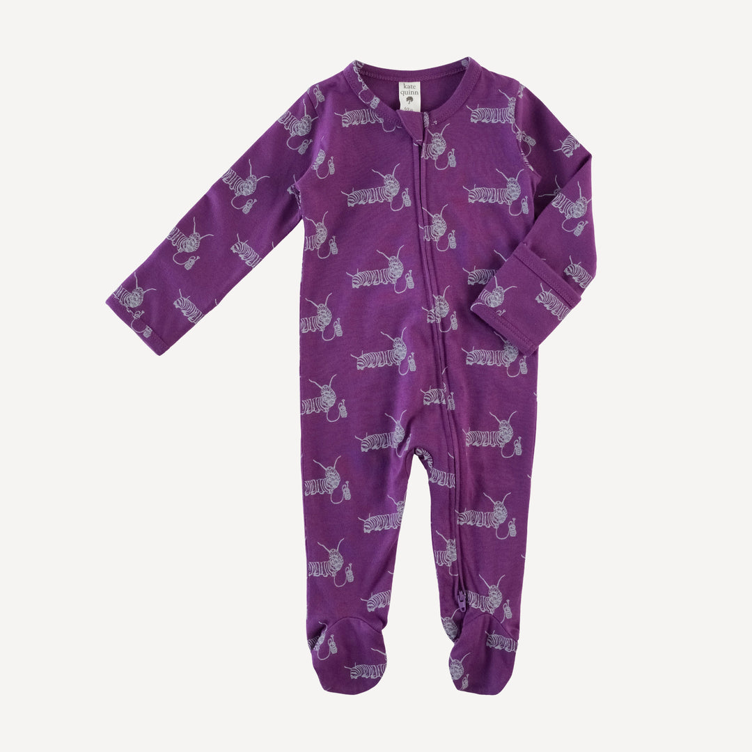 long sleeve two way zipper footie | plum caterpillar | organic cotton jersey