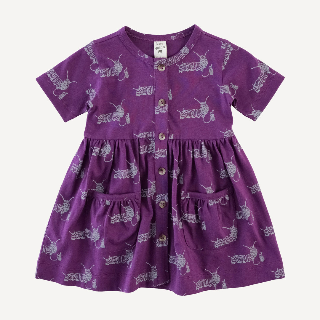 short sleeve button front pocket dress | plum caterpillar | organic cotton jersey