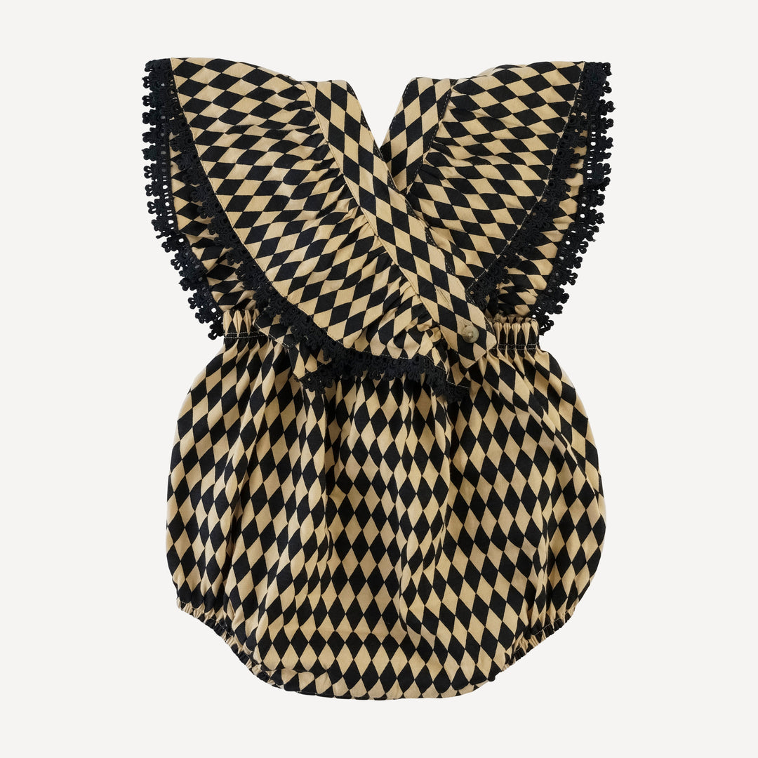 ruffle strap pintuck laced bubble | black harlequin | organic cotton jersey