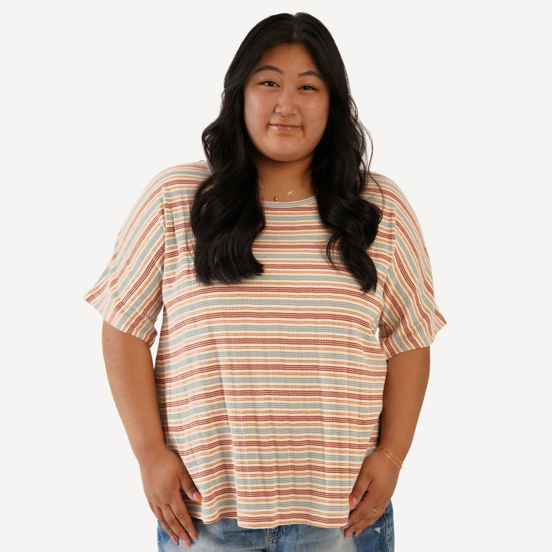 womens short sleeve scoop neck tee | multi stripe | organic cotton multi rib