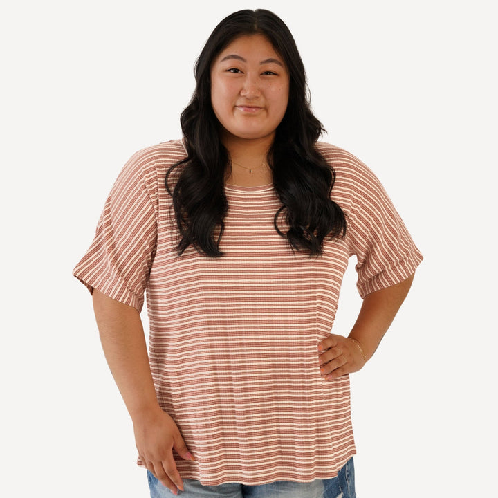 womens short sleeve scoop neck tee | rust stripe | organic cotton multi rib