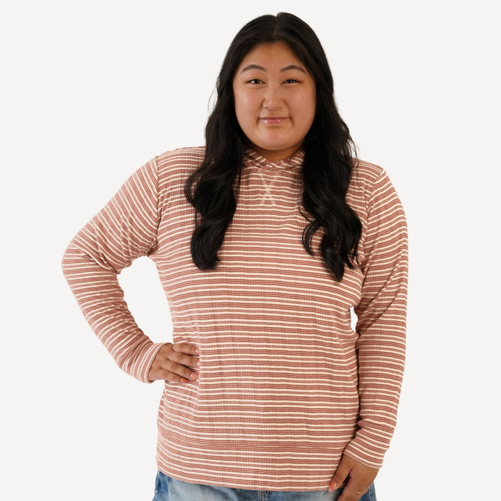 womens long sleeve hoodie | rust stripe | organic cotton multi rib
