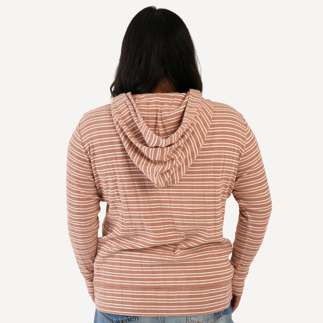 womens long sleeve hoodie | rust stripe | organic cotton multi rib