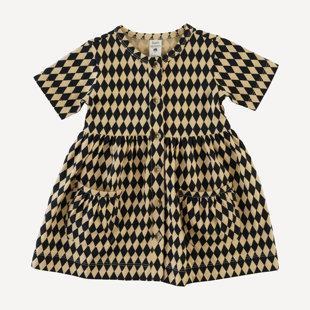 short sleeve button front pocket dress | black harlequin | organic cotton jersey