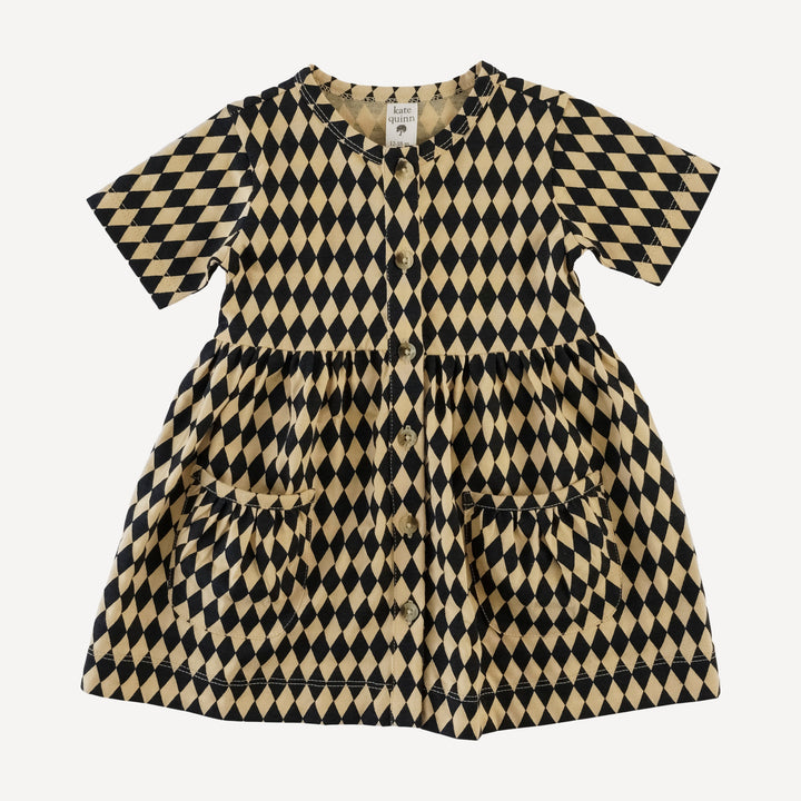 short sleeve button front pocket dress | black harlequin | organic cotton jersey