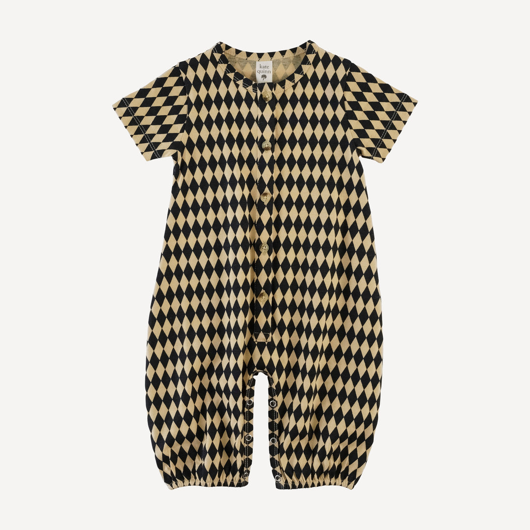 short sleeve button bubble jumpsuit | black harlequin | organic cotton jersey