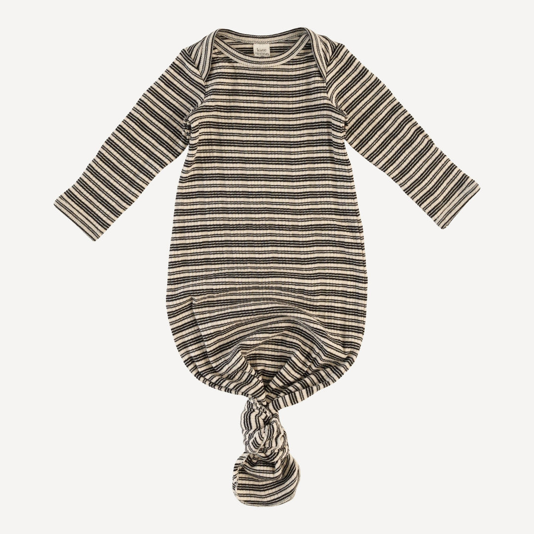 long sleeve lap neck knotted gown | black stripe | organic cotton multi rib