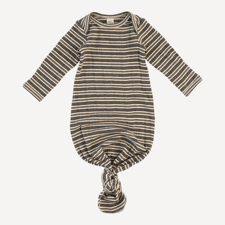 long sleeve lap neck knotted gown | black stripe | organic cotton multi rib