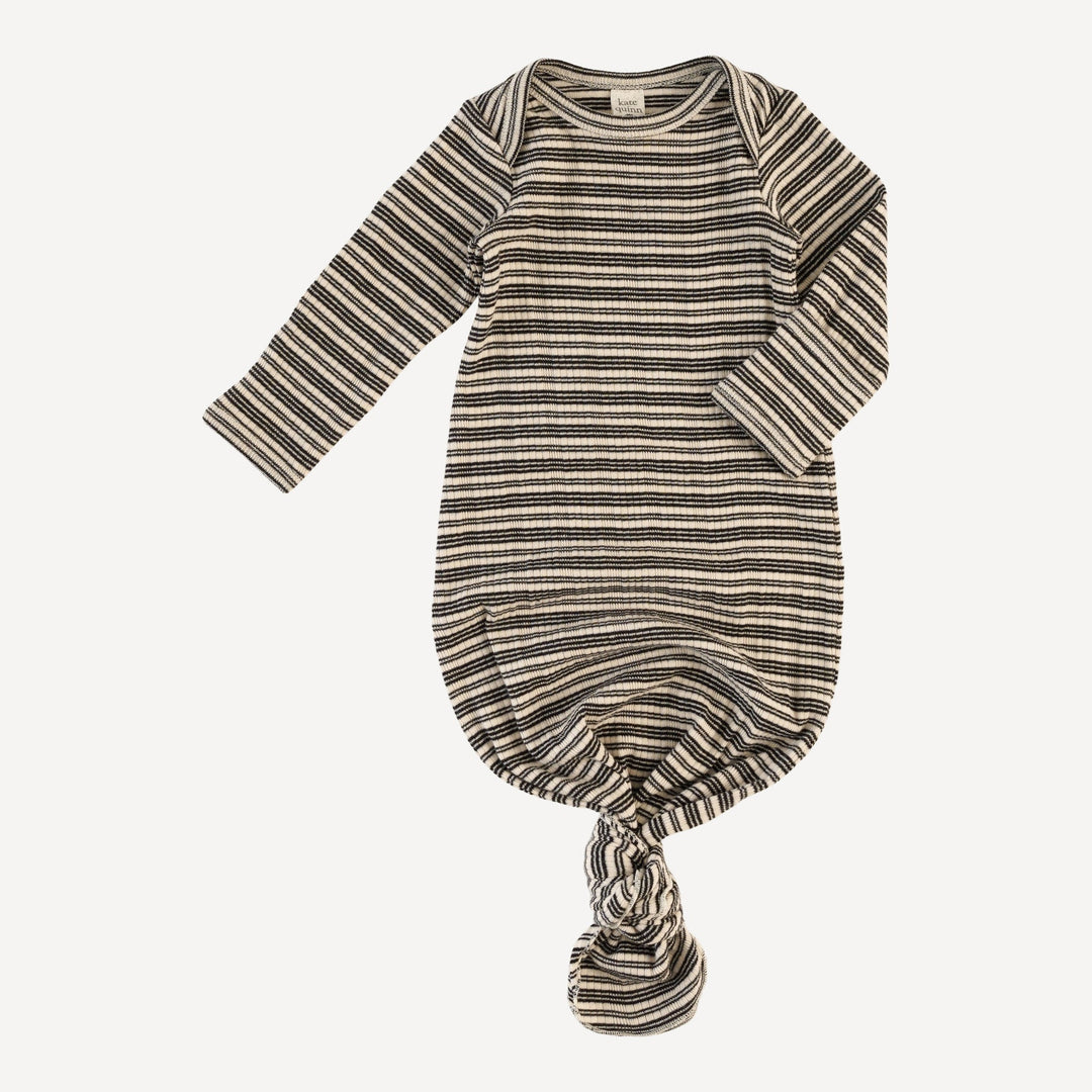 long sleeve lap neck knotted gown | black stripe | organic cotton multi rib