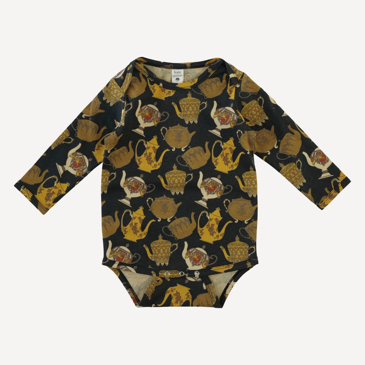 long sleeve lap neck bodysuit | gold teapots | organic cotton jersey