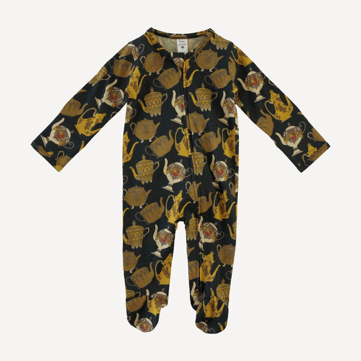 long sleeve two way zipper footie | gold teapots | organic cotton jersey