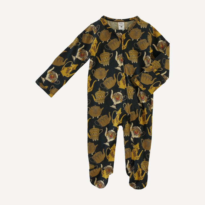 long sleeve two way zipper footie | gold teapots | organic cotton jersey