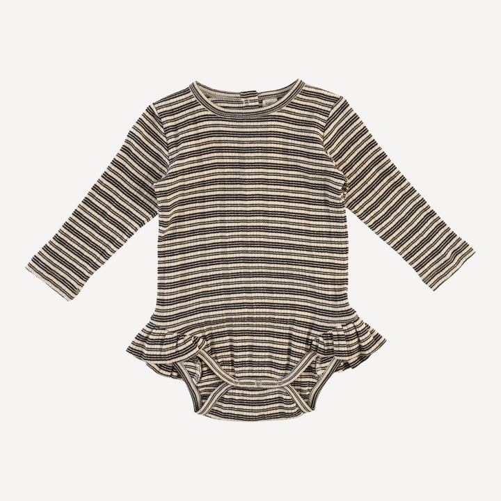 long sleeve ruffle leg bodysuit | black stripe | organic cotton multi rib