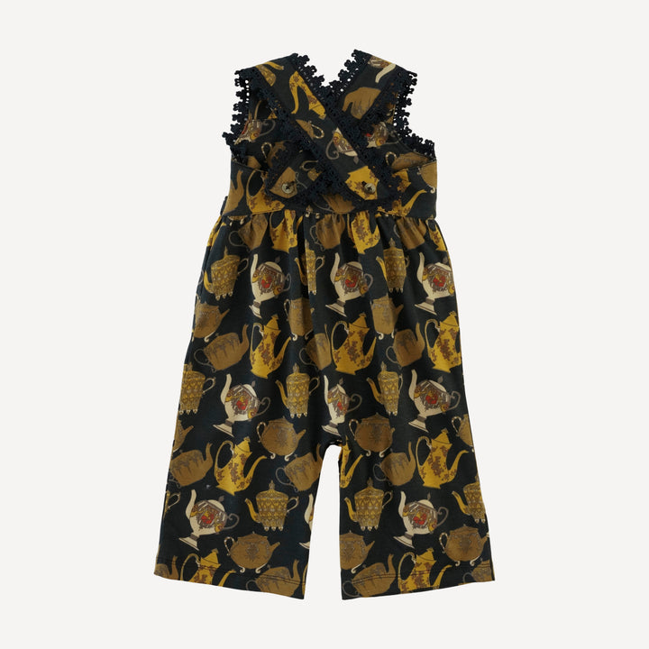 laced gaucho jumpsuit | gold teapots | organic cotton jersey