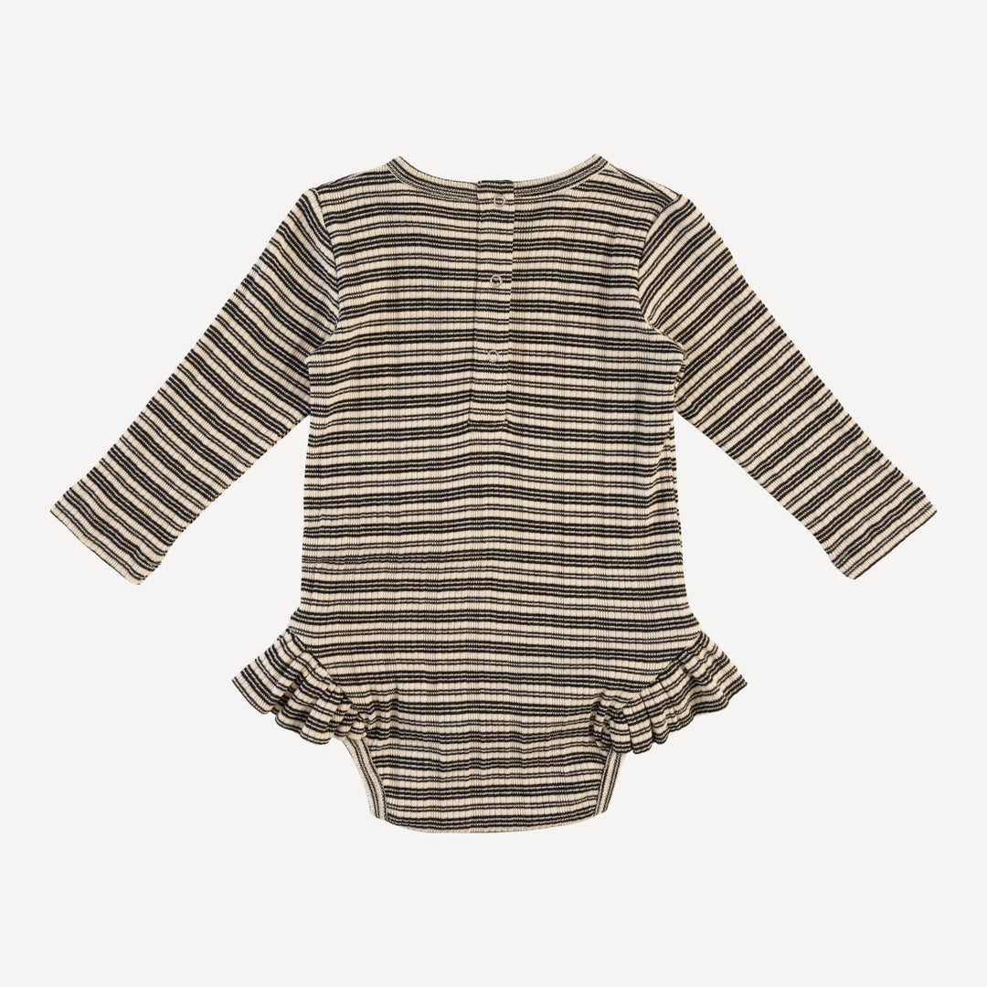 long sleeve ruffle leg bodysuit | black stripe | organic cotton multi rib