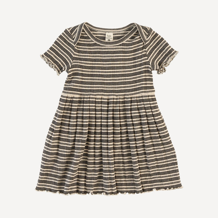 short sleeve lap neck lettuce dress | black stripe | organic cotton multi rib