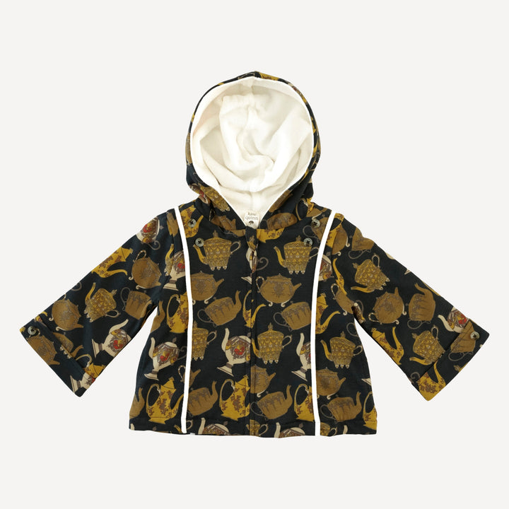 hooded princess lined cardigan | gold teapots | organic cotton jersey