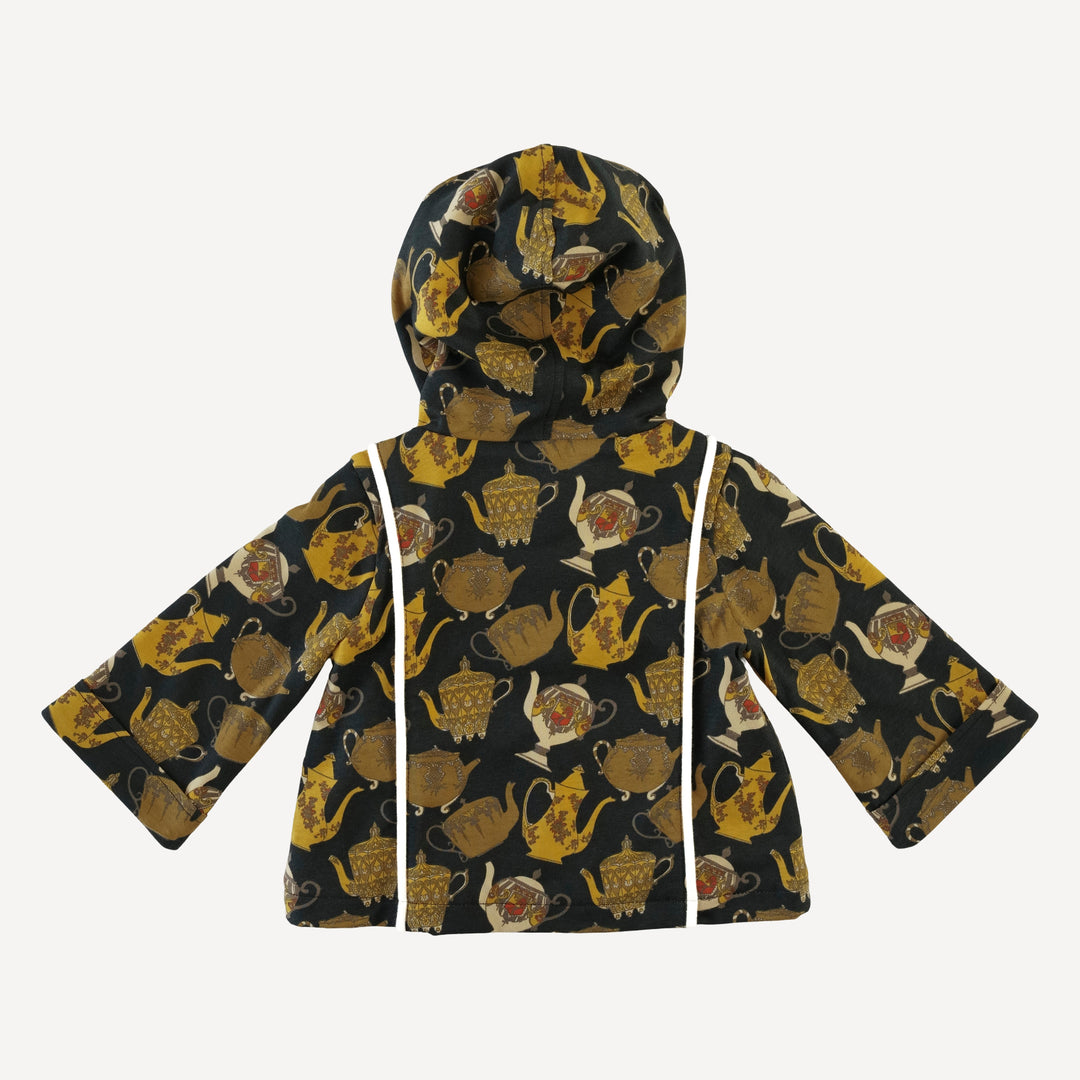 hooded princess lined cardigan | gold teapots | organic cotton jersey