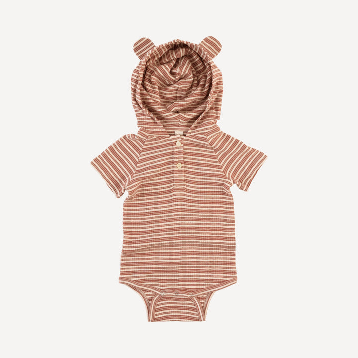short sleeve henley bear bodysuit | rust stripe | organic cotton multi rib