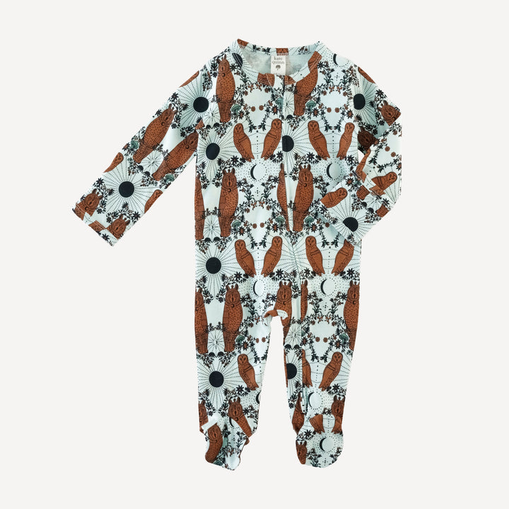 long sleeve two way zipper footie | rust mystical owl | organic cotton jersey