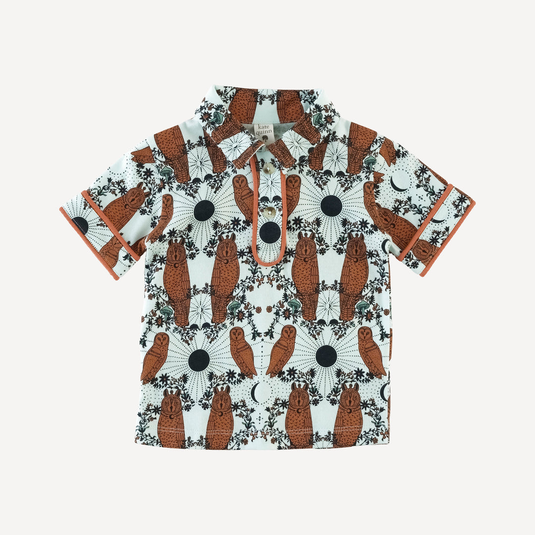 short sleeve piped polo tee | rust mystical owl | organic cotton jersey