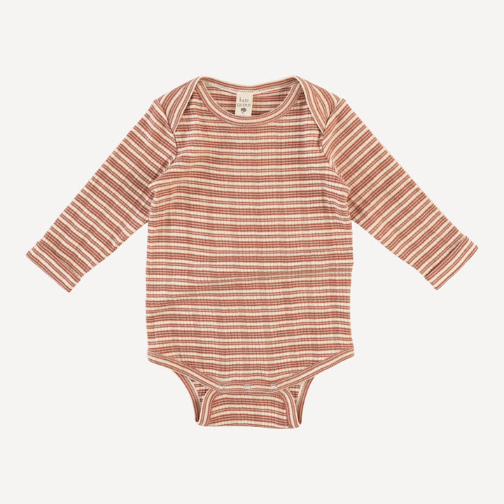 long sleeve lap neck bodysuit with rolled arms | rust stripe | organic cotton multi rib