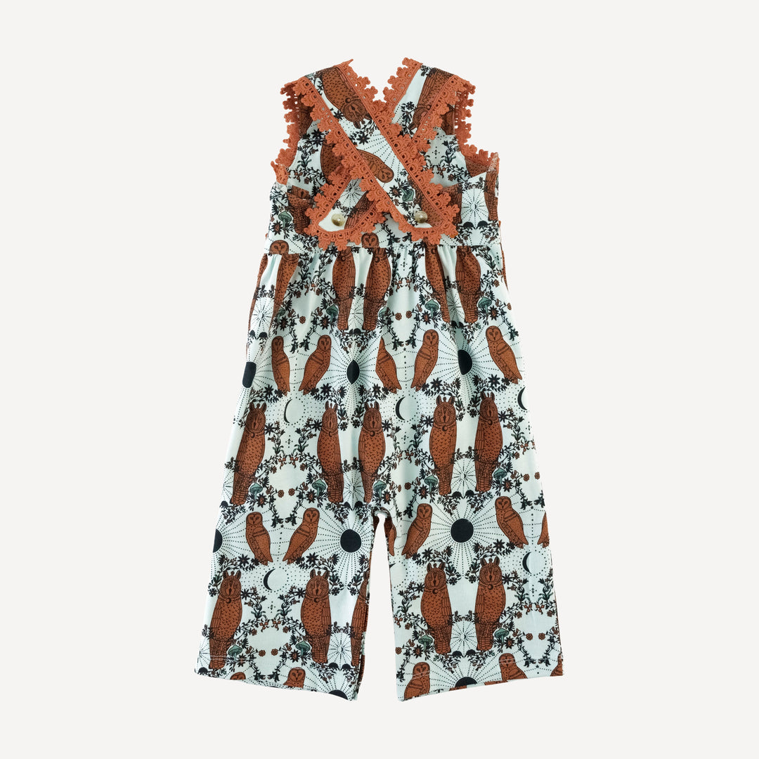 laced gaucho jumpsuit | rust mystical owl | organic cotton jersey