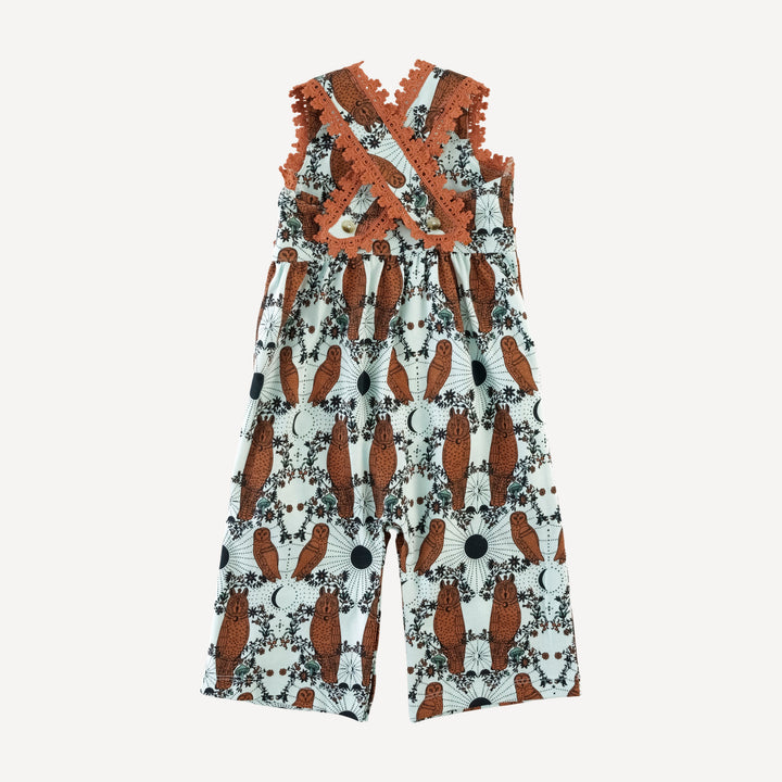 laced gaucho jumpsuit | rust mystical owl | organic cotton jersey